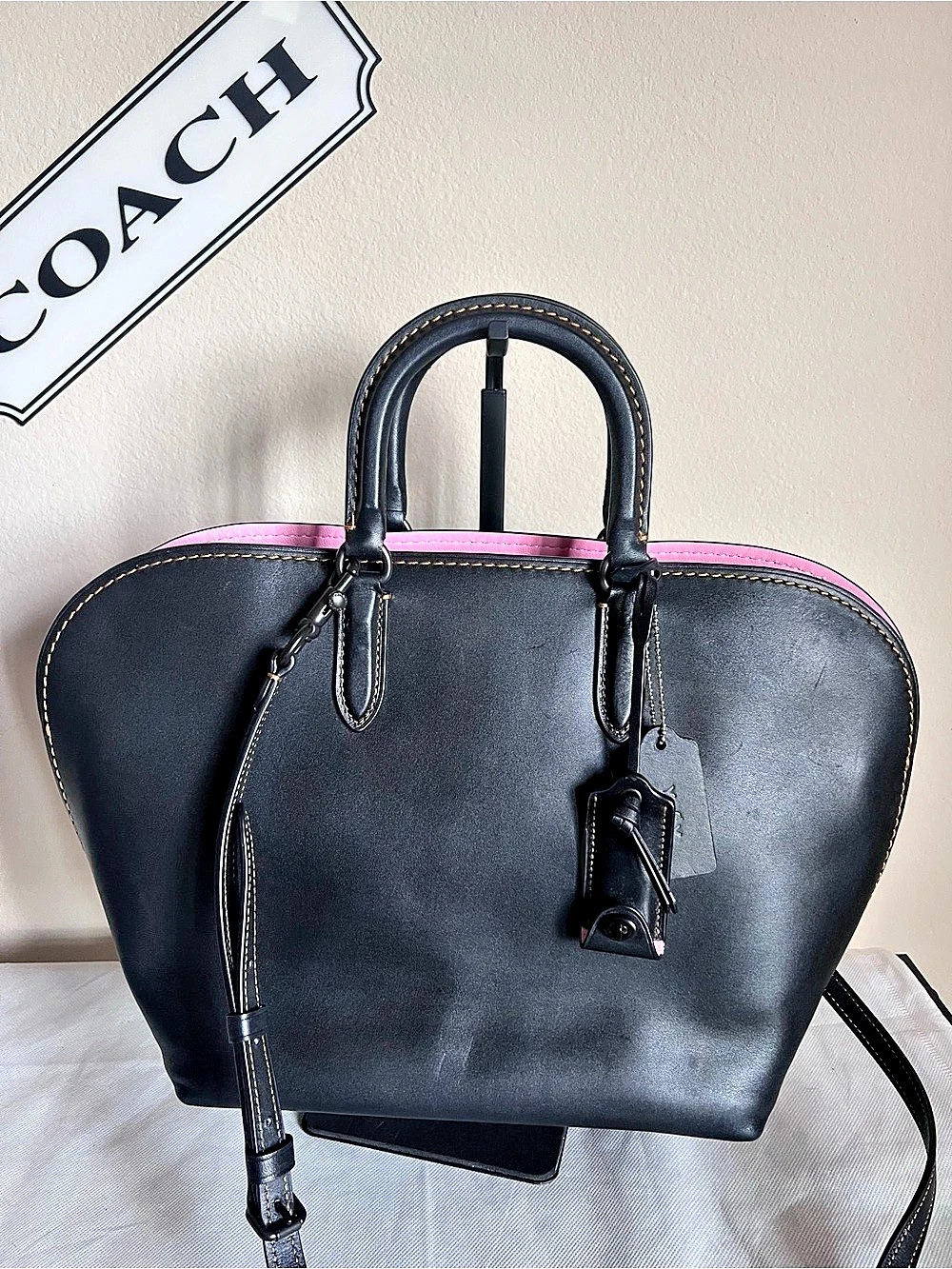 Coach Dakota Leather Satchel in Black & Pink